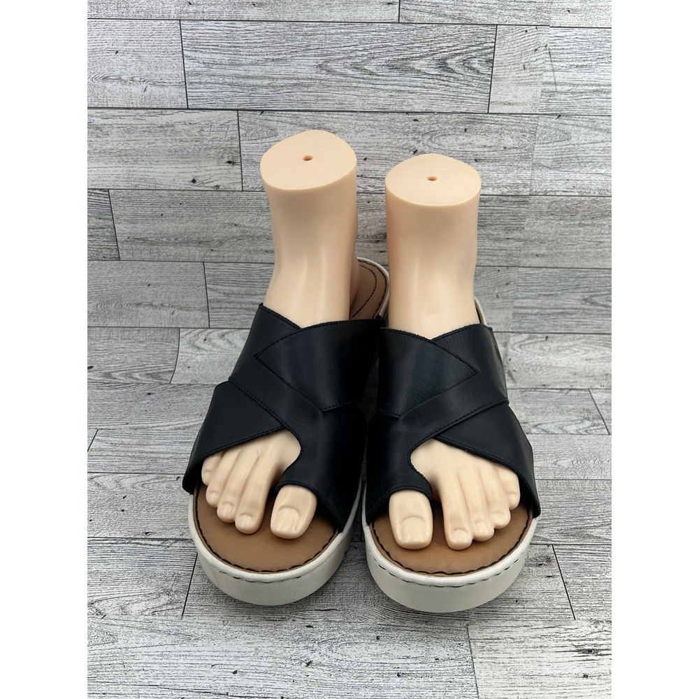 Born Khela Black Leather Platform Slide Sandals Wedge Toe Loop Women Size 11M
